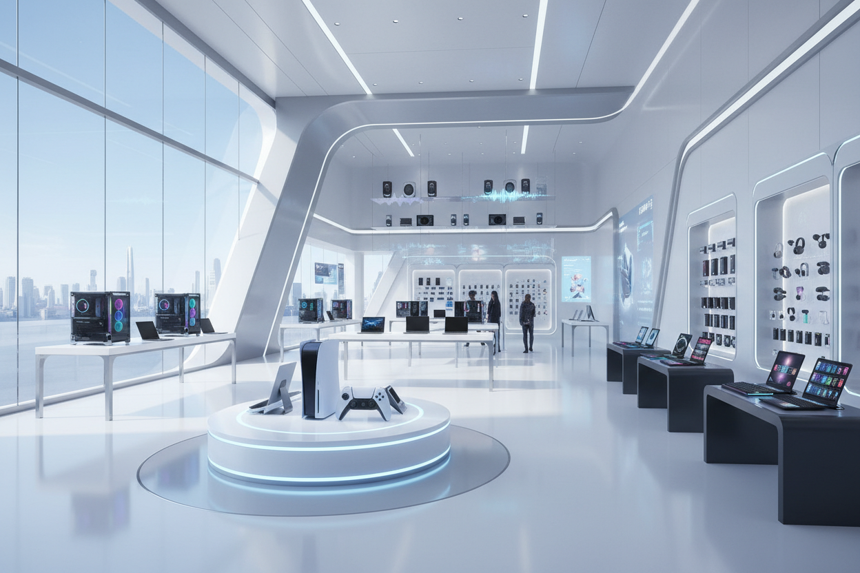 Make an open futuristic electronic shop that has all the types of technology such as computers, xbox, consoles, earphones, keyboards, spearks .etc